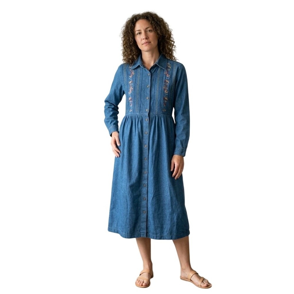 Erika & Co Women Blue Medium Floral Embroidered Cotton Tie Back Denim Midi Dress